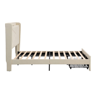 Full Size Bed Frame with 2 Storage Drawers, Upholstered Bed Frame with Wingback Headboard Storage Shelf Built-in USB Charging Stations and Strong Wood Slats Support, No Box Spring Needed, Beige