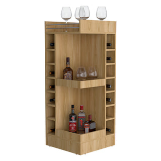 FM FURNITURE Lamer Corner Bar Cabinet with Wine Rack and Open Shelf, Natural Oak