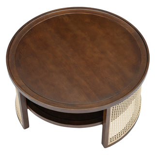 2-Tiered Round Walnut Wood Coffee Table with Storage Rattan Base in 31.3''