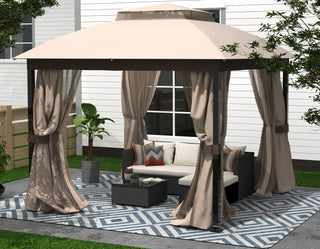 10x10FT Softtop Metal Gazebo with Mosquito Net & Sunshade Curtains, Heavy Duty Double Roof Canopy, Galvanized Steel Outdoor Tent for Garden, Patio, Backyard