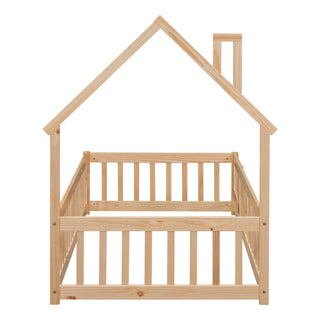 Twin House-Shaped Headboard Floor Bed with Fence – Natural Wooden Bed Frame