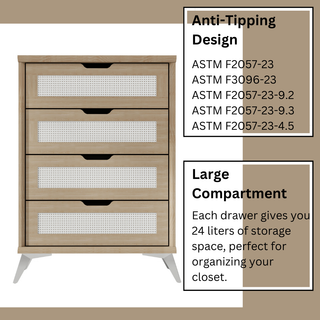 Rattan Chest of Drawer, 4 Drawer Chest for Bedroom with Metal Leg - L31.5'' x W15.75'' x 44.57'' (Natural) - White Label