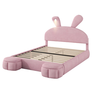 Full Size Upholstered Platform Bed with Cartoon Ears Shaped Headboard and Light, Pink