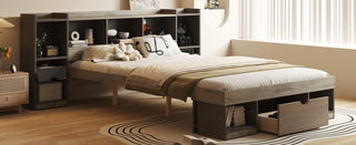 Queen Size Wood Platform Bed with Multi-storage Headboard and a Drawer, Gray