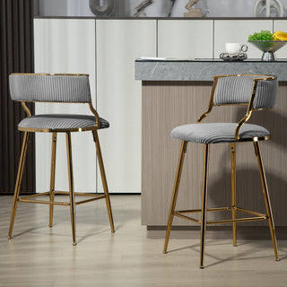 SET OF 2,26'' Counter height bar stools Corduroy kitchen island counter bar stool with back,golden chromed base and footrest (GREY)