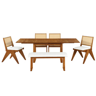 TOPMAX Modern 6-Piece 82.7inch Extendable Dining Table Set with 4 Wicker Back Upholstered Dining Chairs and Long Bench, Two 11.8-inch Removable Leaf,Walnut