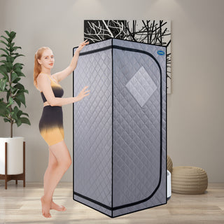 Full Size Portable Grey Steam Sauna tent–Personal Home Spa, with Steam Generator, Remote Control, Foldable Chair, Timer and PVC Pipe Connector Easy to Install.Fast heating, with FCC Certification