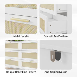 white Rattan 6 Drawers  Chest of Dressers for Bedroom Modern 6 Drawer Dresser, Wide Chest of Drawers with Gold Handles,  Rattan Dresser Storage Cabinet for Living Room, Bedroom, Hallway