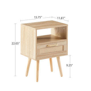 15.75" Rattan End table with  drawer and solid wood legs, Modern nightstand, side table for living room, bedroom,natural