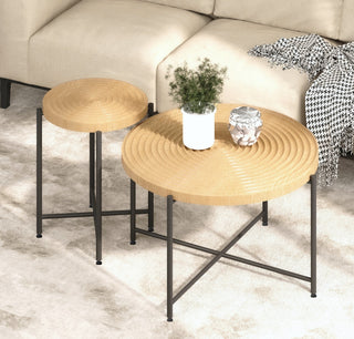 2-Piece Coffee and End Table Set – Waterproof MDF with PVC Cover, Distressed Cylindrical Design, Black Metal Legs – Classic Rustic Charm, Technical Wood