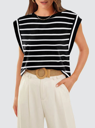 Striped Round Neck Cap Sleeve T-Shirt for Women