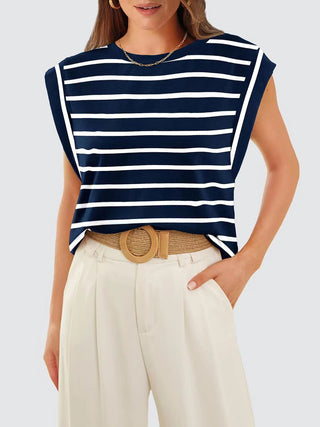 Striped Round Neck Cap Sleeve T-Shirt for Women