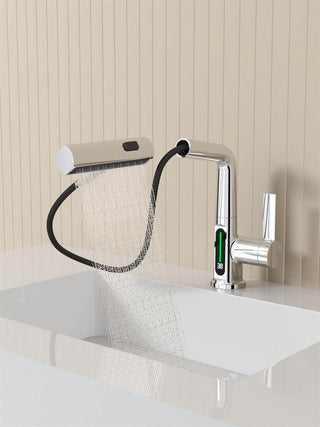 Pull-Out Lift LED Temperature Digital Display Bathroom Basin Faucet, Single Handle 360° Rotatable Waterfall 3-in-1 Basin Tap with Adjustable Height - Chrome