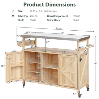 K&K Outdoor Kitchen Island, Rolling Bar Cart and Storage Cabinet, Farmhouse Solid Wood Outdoor Grill Table with Stainless Steel Top, Spice Rack, Towel Rack for Kitchen and BBQ, Natural