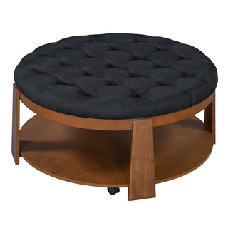 Modern Large Round Ottoman Coffee Table 2-Tier Oversized Button Tufted Ottoman with Wood Shelf Storage Upholstered Coffee Table for Living Room Footrest Ottoman with wheel, waterproof Linen