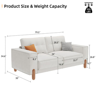 Modern Teddy Fabric Upholstered Sofa - Tufted Couch with Square Arms, 4 Solid Wood Legs & 2 Decorative Pillows for Living Room, Office, Apartment