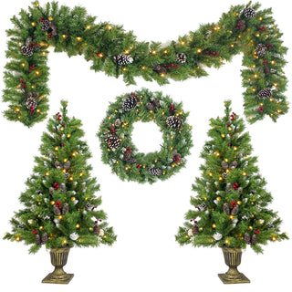 Pre-lit Xmas Tree Artificial Christmas 4-Piece Set, Garland, Wreath and Set of 2 Entrance Trees X-mas with Led Lights, Christmas Tree