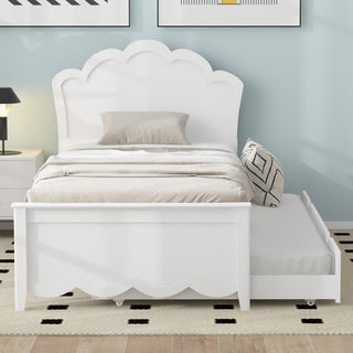 Twin Size Wood Platform Bed with Headboard and Twin Size Trundle, White