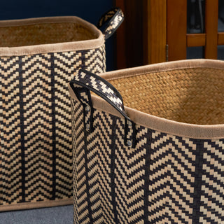 Square Palm Leaf Woven Wicker Storage Baskets with Handles, Set of 2 (14inx14inx15in and 16inx16inx17in) - Black and Brown - Ideal for Clothes, Books, Picnic, and Home Decoration