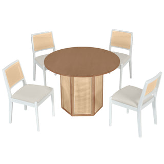 TOPMAX 5-Piece Rattan Round Dining Table Set, Wood Table with Hexagonal Base and Upholstered Chairs for Dining Room, Kitchen,Indoor Use, White+Beige
