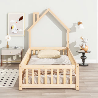 Twin House-Shaped Headboard Floor Bed with Fence – Natural Wooden Bed Frame