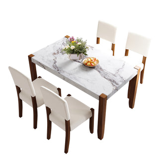 5-Piece Modern Dining Furniture Set, 4-Person Space-Saving Dinette for Kitchen, 46" Faux Marble Style Table and 4 Upholstered Chairs with Solid Rubberwood Legs