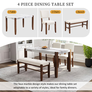 4-Piece Modern Dining Furniture Set, Space-Saving 4-Person Dinette for Kitchen, 46" Faux Marble Style Table with 2 Upholstered Chairs and Bench with Wood Legs
