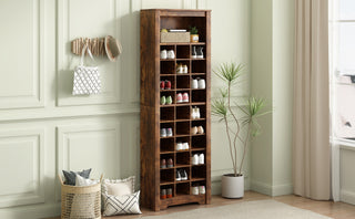 ON-TREND Stylish Design 30 Shoe Cubby Console, Contemporary Shoe Cabinet with Multiple Storage Capacity, Free Standing Tall Cabinet with Versatile Use for Hallway,  Bedroom, Rustic Brown