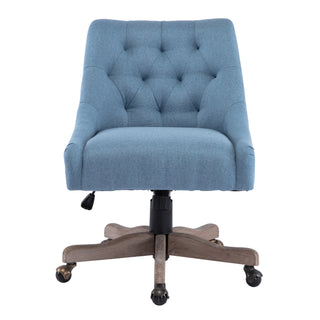 COOLMORE Office Chair Adjustable Height Swivel Chair with Wheels Linen Fabric Upholstered Computer Desk Chair with Wooden Legs (Navy Linen)