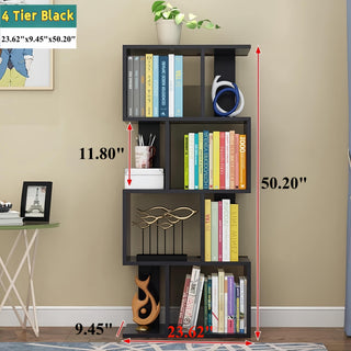 DFW 4-Tier S-Shaped Storage Shelf - Multifunctional Wooden Display Bookcase, Industrial Free-Standing Storage Rack for Living Room, Bedroom & Office (Black)