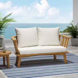 Outdoor Wooden Loveseat with Cushions - White/Teak - 55.50' W x 27.00' D x 25.50' H