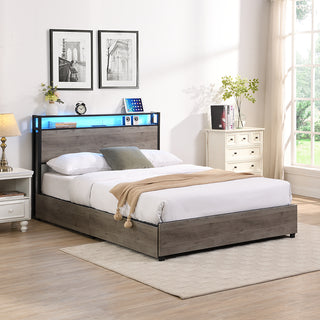 Queen Bed Frame, Storage Headboard with Charging Station, Solid and Stable, Noise Free, No Box Spring Needed, Easy Assembly