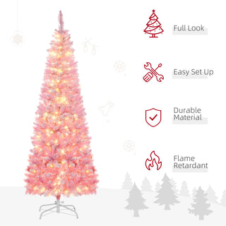 HOMCOM 6ft Prelit Snow Flocked Artificial Christmas Tree with Pencil Shape, Pine Realistic Branches, Warm White LED lights, Auto Open, Pink and White