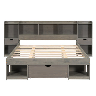 Queen Size Wood Platform Bed with Multi-storage Headboard and a Drawer, Gray