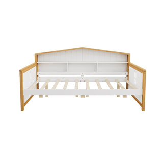 Full Size House Shape Daybed with Trundle & Bookcase Headboard – Wooden Bed with Safety Guardrails, No Box Spring Needed, Walnut & White for Girls, Boys, Teens