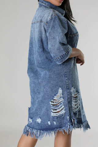 Distressed Raw Hem Button Up Denim Dress for Women