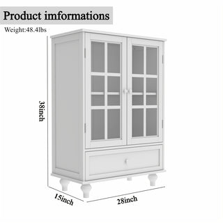 Minimalist White Buffet Cabinet with Double Glass Doors and Drawer, Modern Wooden Storage Sideboard Cupboard for Living Room, Dining Room, Hallway, Entryway