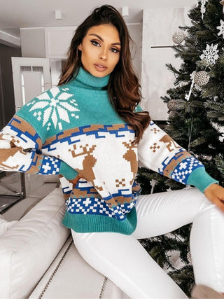 Reindeer Turtleneck Drop Shoulder Sweater