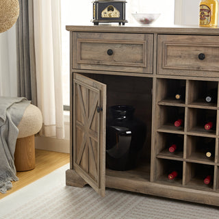 Farmhouse Buffet Cabinet with Storage Sideboard - 2 Drawers, Wine Bar with Removable Wine Racks & Storage Shelves, Gray Wash (39.37" x 15.75" x 34")