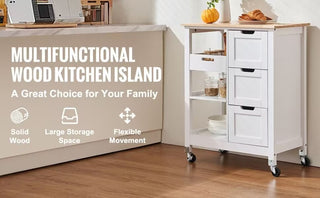 Rolling Small Kitchen Island Cart with Solid Wood Top, Mobile Utility Cart on Wheels with 3 Drawers and Storage Shelves, White Dining Room Serving Cabinet