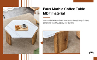 Modern MDF Coffee Table with White Top and Wood Texture MDF Legs, Hexagonal Design for Living Room and Guest Room