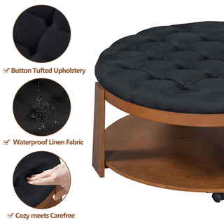 Modern Large Round Ottoman Coffee Table 2-Tier Oversized Button Tufted Ottoman with Wood Shelf Storage Upholstered Coffee Table for Living Room Footrest Ottoman with wheel, waterproof Linen