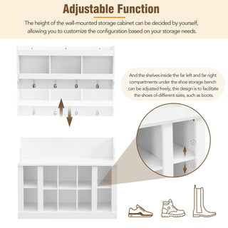 ON-TREND Shoe Storage Bench with Shelves and 4 Hooks, Elegant Hall Tree with Wall Mounted Coat Rack, Entryway Organizer for Hallway, Foyer, Mudroom, White