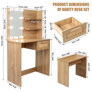 Vanity Desk Set Stool & Dressing Table with LED Lighting Mirror Drawer and Compartments Modern Wood Cosmetic Table Chest of Drawers Nature Color