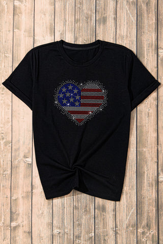 Rhinestone Heart Round Neck Short Sleeve T-Shirt