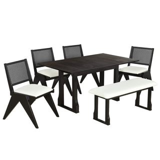 TOPMAX Modern 6-Piece 82.7-Inch Extendable Dining Table Set – Includes 4 Wicker Back Upholstered Dining Chairs, Long Bench, Two 11.8-Inch Removable Leaves, Espresso Finish