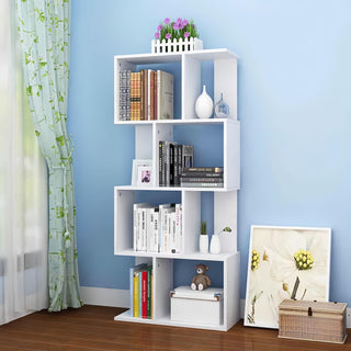 DFW 4-Tier Storage Shelf S-Shaped Bookcase – Multifunctional Wooden Display Rack, Free Standing Industrial Storage for Living Room, Bedroom, Office (White)