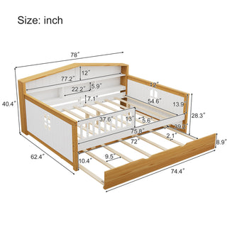 Full Size House Shape Daybed with Trundle & Bookcase Headboard – Wooden Bed with Safety Guardrails, No Box Spring Needed, Walnut & White for Girls, Boys, Teens