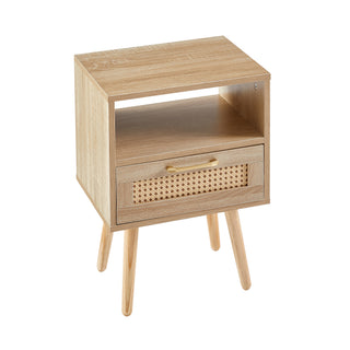 15.75" Rattan End table with  drawer and solid wood legs, Modern nightstand, side table for living room, bedroom,natural