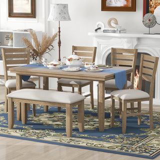 TREXM Dining Room Table and Chairs with Bench, Rustic Wood Dining Set, Set of 6 (Natural Wood Wash)